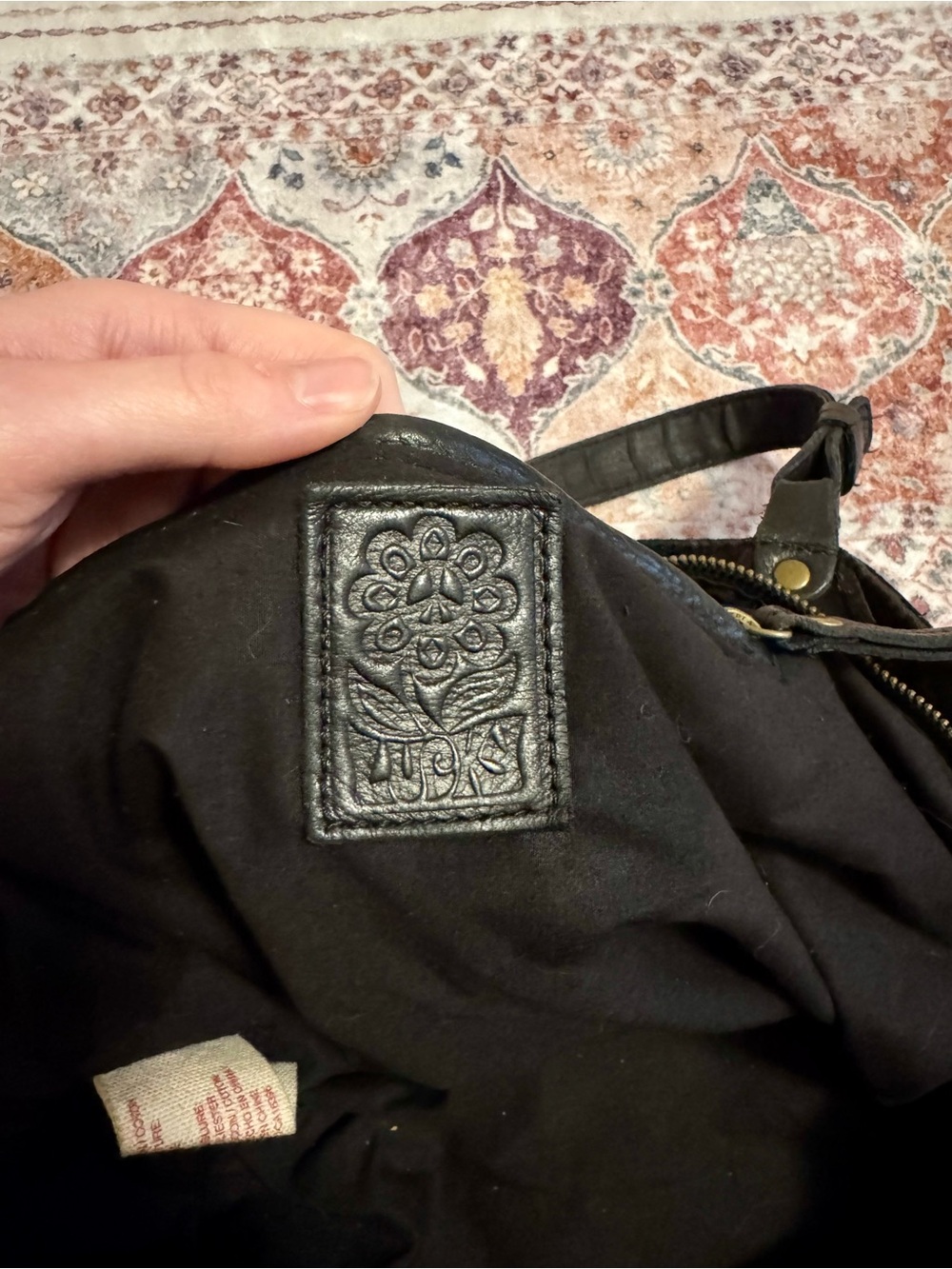 Lucky Brand Black Leather Shoulder Bag with Purple and Yellow Pattern - Picture 7 of 8